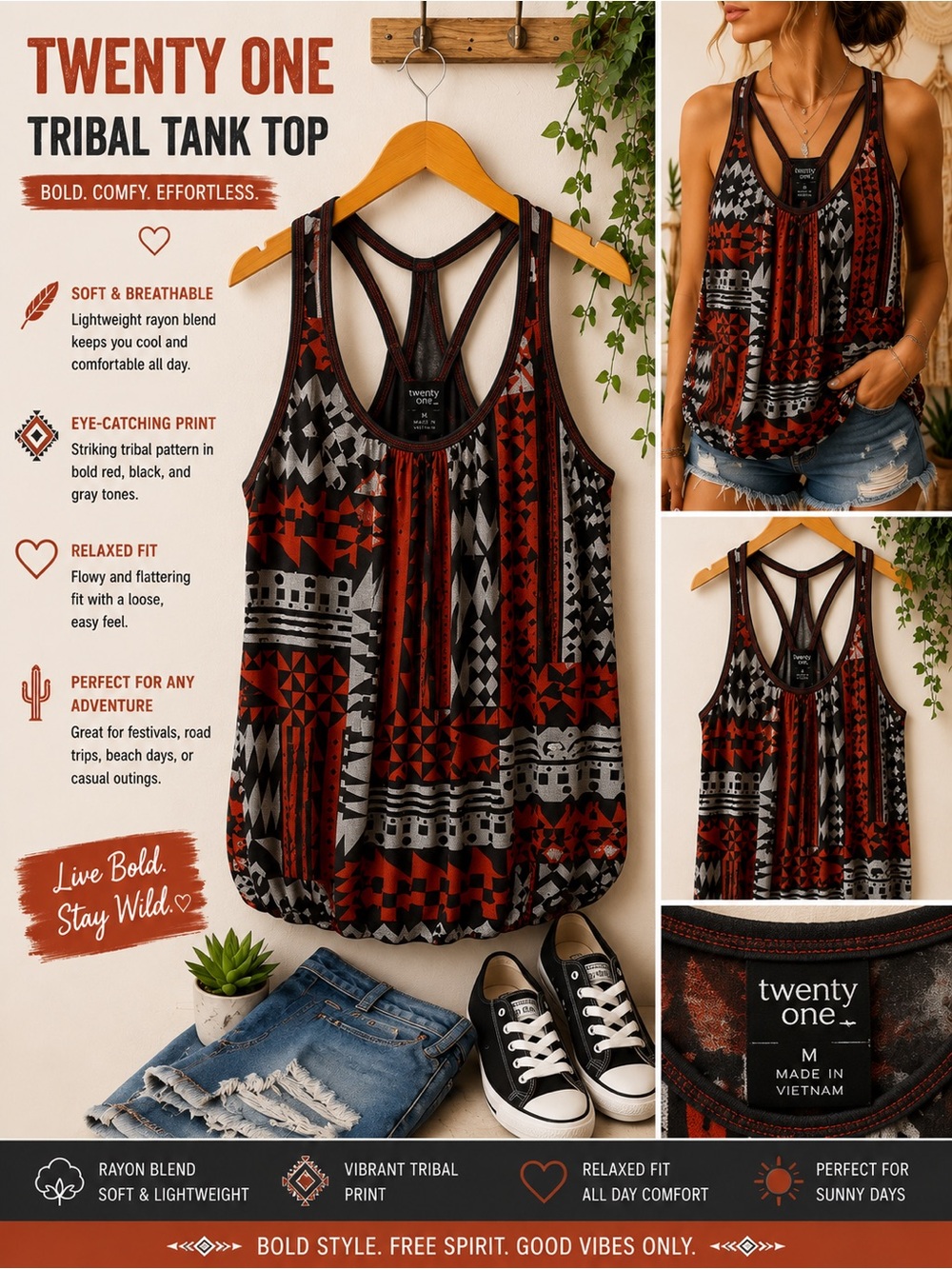 FOREVER 21 BRANDNAME-Red & Black/Aztec TribalPrint/Trendy Tank/Strappy